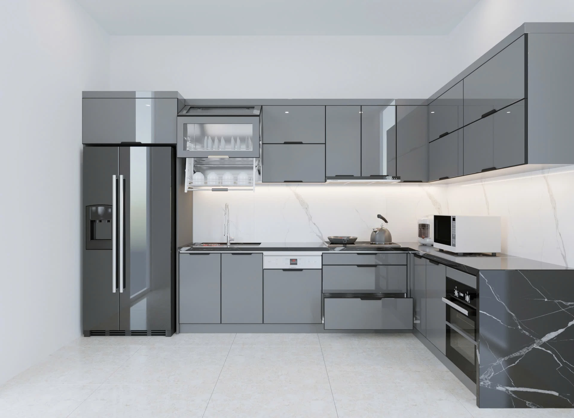 Tủ Bếp Inox304 Cánh Kính Chữ L ( Mã SP: 212)